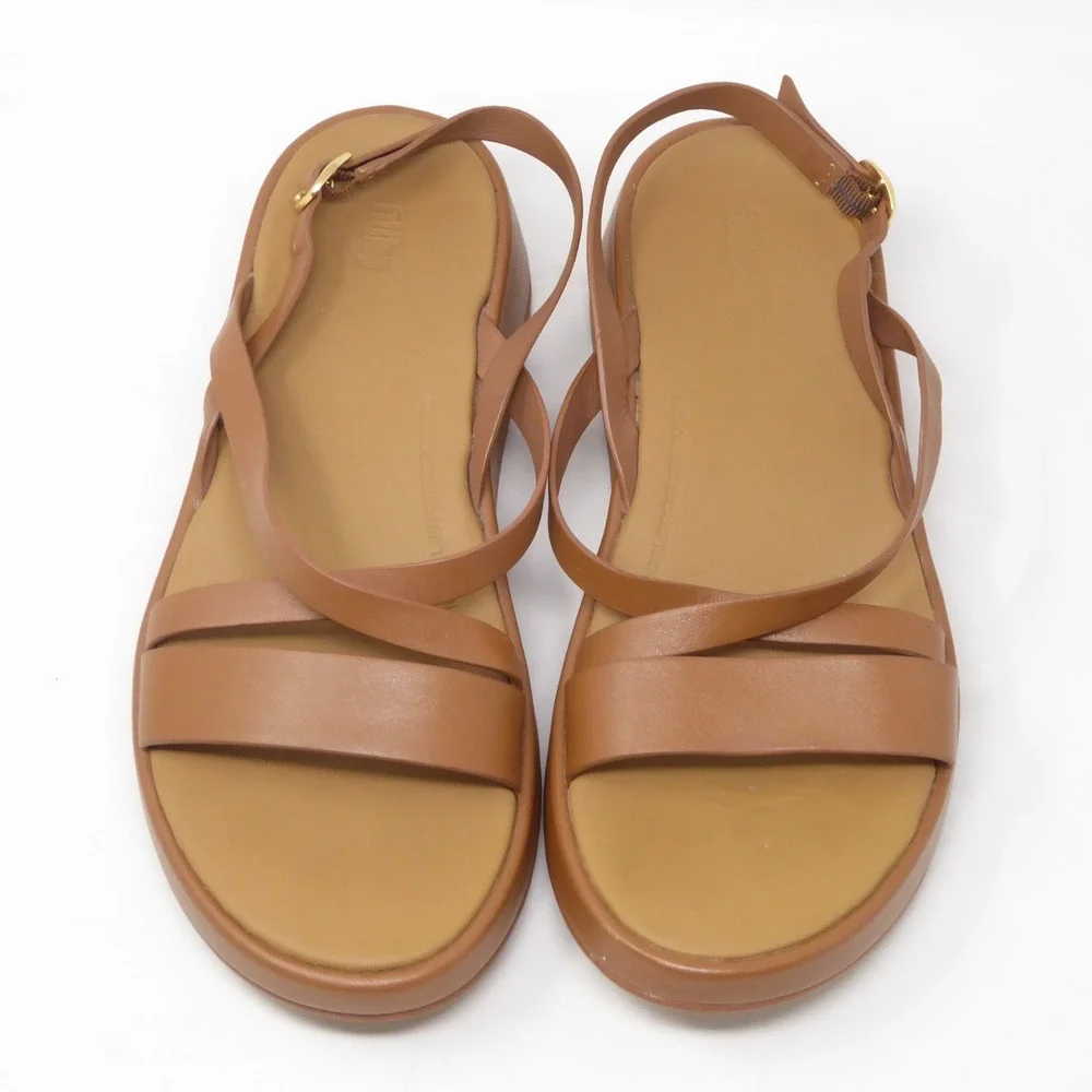 FitFlop Womens F-Mode Flatform Leather Strappy Back-Strap Sandals Brown US 8